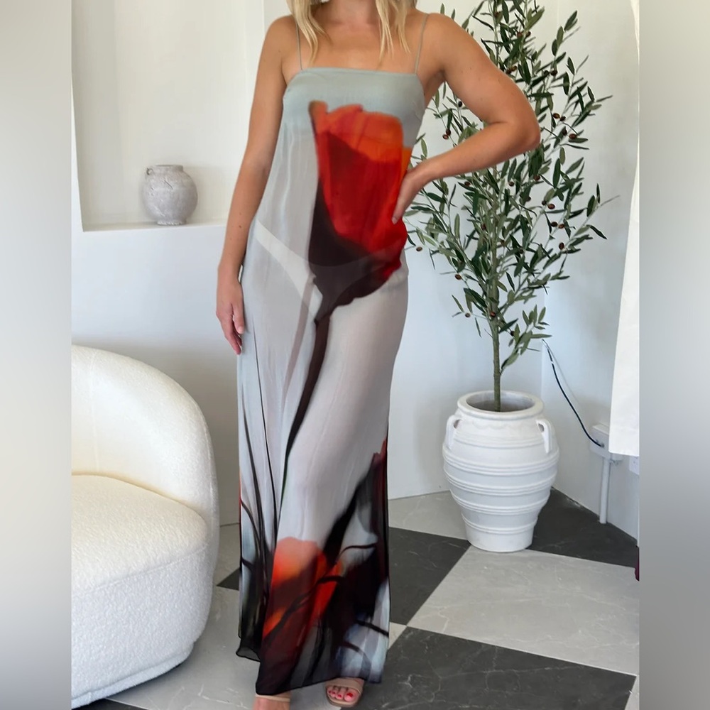 Luciana maxi dress flower mesh tulip long rat&boat spaghetti straps sheer - Picture 6 of 12